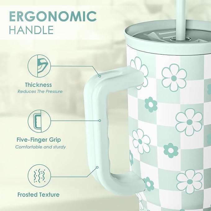 SANDJEST 40oz Daisy Flower Tumbler with Handle and Straw - Insulated Stainless Steel Coffee Travel Mug for Women Girls, Floral Gift Idea for Birthday Christmas - Image 3