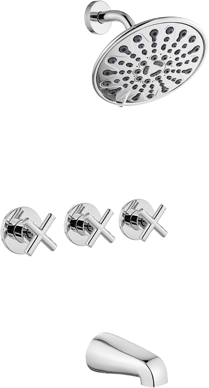 gotonovo 3 Handle Tub Shower Faucet Set, Tub and Shower Faucet Combo,Bathtub Faucet Set with 6 Settings Shower Head and Waterfall Tub Spout, Tub and Shower Trim Kit, Tub Shower Fixture Polished Chrome by HOME