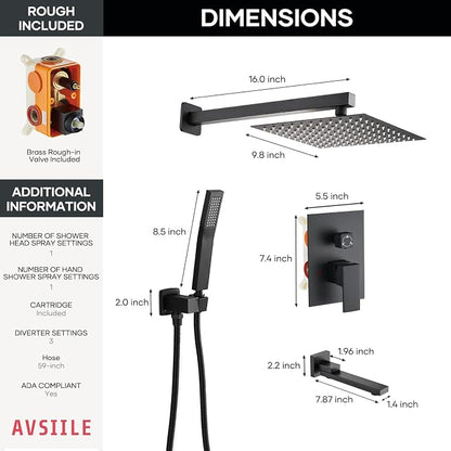 AVSIILE Shower Faucet Set with Tub Spout, Matte Black Rain Shower Mixer Valve and Trim Kit System with Base Complete, Rainfall Modern Shower Head and Handheld Handle Set Combo for Bathroom, 10 Inch - Image 2
