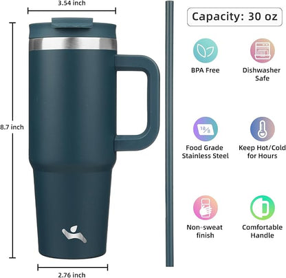 Konokyo 30 oz Tumbler with Handle and 2 Straws,2 in 1 Lid Insulated Water Bottle Stainless Steel Travel Coffee Mug,Navy blue - Image 4