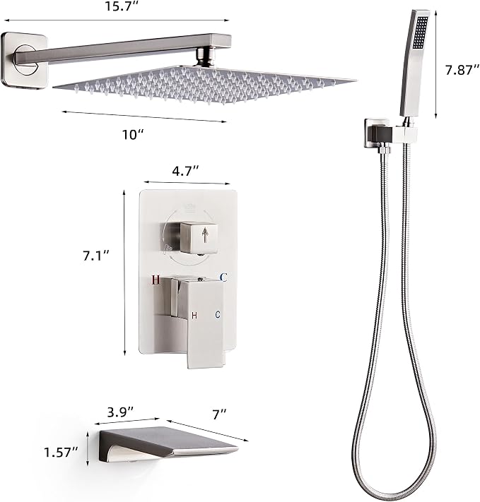 Shower Faucet Set Complete with Tub Spout Shower System Wall Mounted with 10 inch Rainfall Shower Head and Handheld Shower Rain Shower Combo for Bathroom, Brushed Nickel - Image 6