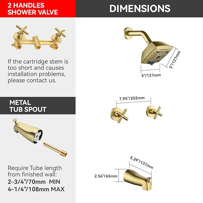 2 Handle Shower Faucet Set with Tub Spout 6-Spray Shower Head and Handle Set Shower Trim Kit with Rough-in Valve Bathroom Shower Faucet Valve Trim Kit Brushed Gold - Image 3