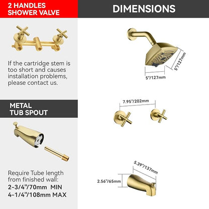 2 Handle Shower Faucet Set with Tub Spout 6-Spray Shower Head and Handle Set Shower Trim Kit with Rough-in Valve Bathroom Shower Faucet Valve Trim Kit Brushed Gold - Image 3