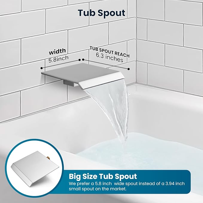 gotonovo 10'' Rain Shower Faucet System Rainfall Shower Head with Handheld Sprayer Waterfall Tub Spout Wall Mounted Mixer Combo Rough-in Valve and Trim Included 5.7 Inch Wide Spout Polished Chrome - Image 3