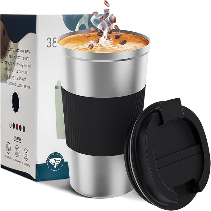 YINBAOGE Insulated Travel Coffee Mug, Spill & Leak Proof, Portable To Go Camping Stainless Steel Coffee Tumbler, Reusable Thermal Coffee Cup with Lid for Hot & Cold Drinks (Silver black, 17 OZ) by YINBAOGE