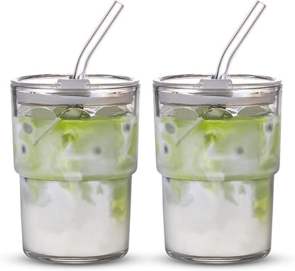 BLUEPOLAR 13oz/400ml Tumbler Water Glass, Cups with Straw and Lid Sealed Carry on for Coffee, Iced Tea, Thick Wall Insulated Glass Cup (white,2pack) by BLUEPOLAR