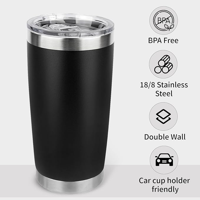 20oz Stainless Steel Tumbler Bulk with Lid, Travel Mug - Double Wall Vacuum Powder Coated Cup - Black, 12 Pack - Image 6