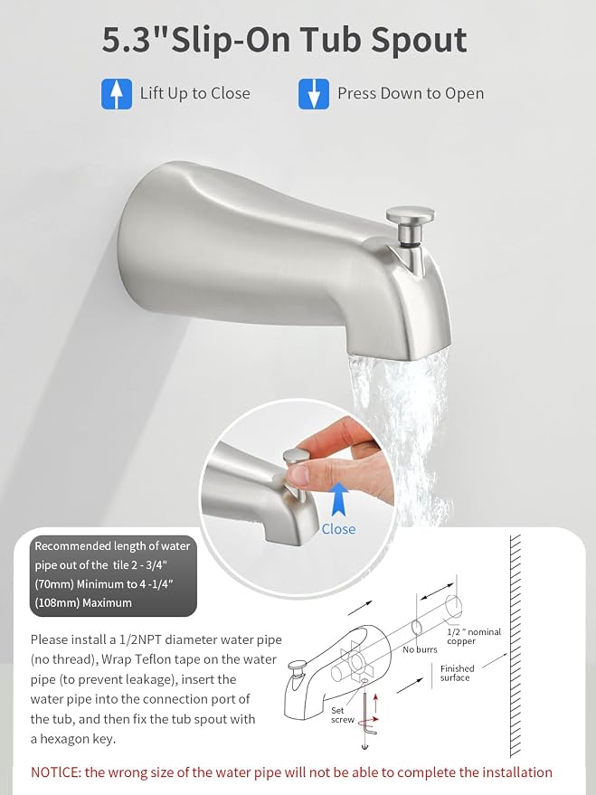 Brushed Nickel Shower Head and Handle Set 5 Inch Bathtub Faucet Shower Faucet with 6-Spray Shower Head Shower Valve Kit Modern Shower Set High-Pressure Shower Trim Kit - Image 5