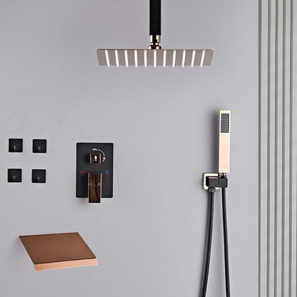 12 Inch Ceiling Mount Shower System Matte Black Gold Rain Mixer Shower Combo Set High Pressure Rainfall Shower Head System Bathroom Luxury Shower Faucet Set Rough-in Valve and Trim Included - Image 7