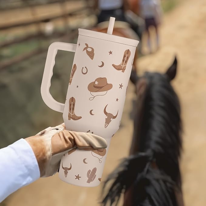SANDJEST Cowgirl Tumbler 40oz for Women Girls – Stainless Steel Travel Coffee Mug Cup with Handle and Straw, Gift for Birthday Christmas - Image 6