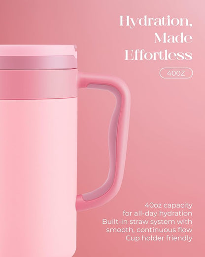 40 oz Insulated Tumbler with Handle and Push-Button Straw Lid, Stainless Steel Travel Cup for Gym Office, Leakproof, BPA-Free, Cup Holder Friendly, Bow Silicone Boot, Pink (Rose Quartz) - Image 5