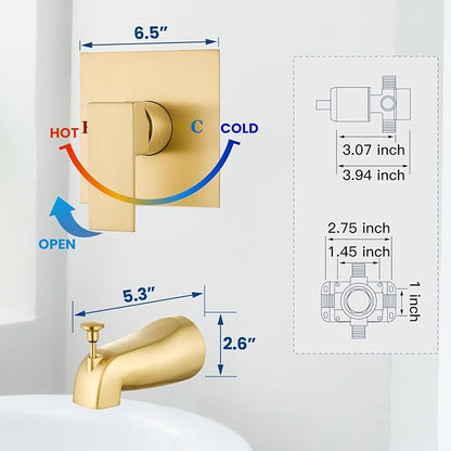 Airuida Shower Faucet Set – Square Shower Valve Trim Kit with Pull-up Tub Spout,Single Handle Wall-Mounted Bathtub Faucet,Solid Brass Rough-in Mixer Valve,Brushed Gold - Image 6