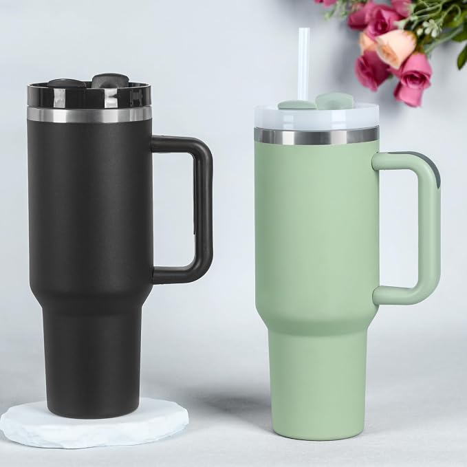 4 Pack 40 Oz Tumbler with Handle Bulk, Double Wall Vacuum Insulated Stainless Steel Tumbler with Lid and Straw, 40 oz cup with Silicone Spill Proof Stopper Set (Dark Green) - Image 2