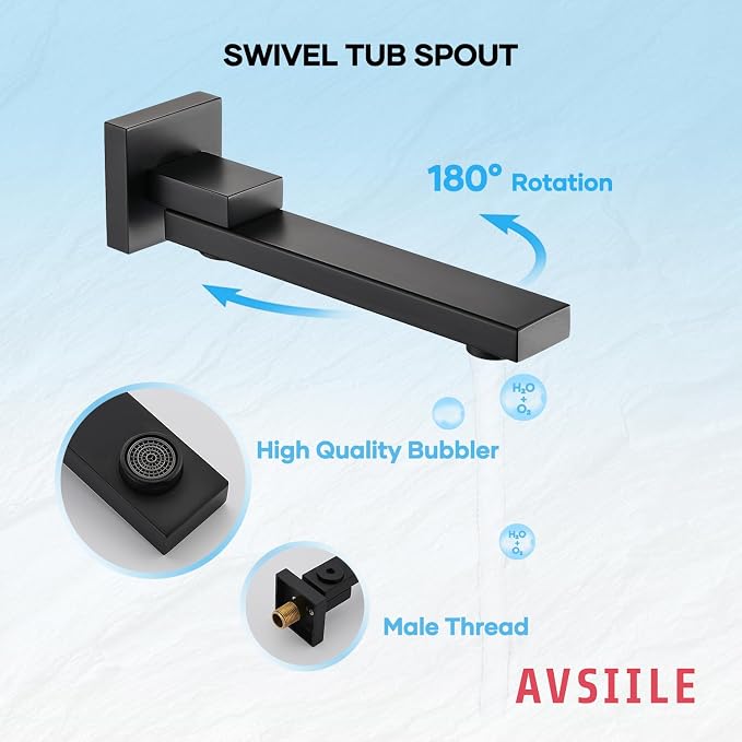 AVSIILE Shower Faucet Set with Tub Spout, Matte Black Rain Shower Mixer Valve and Trim Kit System with Base Complete, Rainfall Modern Shower Head and Handheld Handle Set Combo for Bathroom, 10 Inch - Image 8