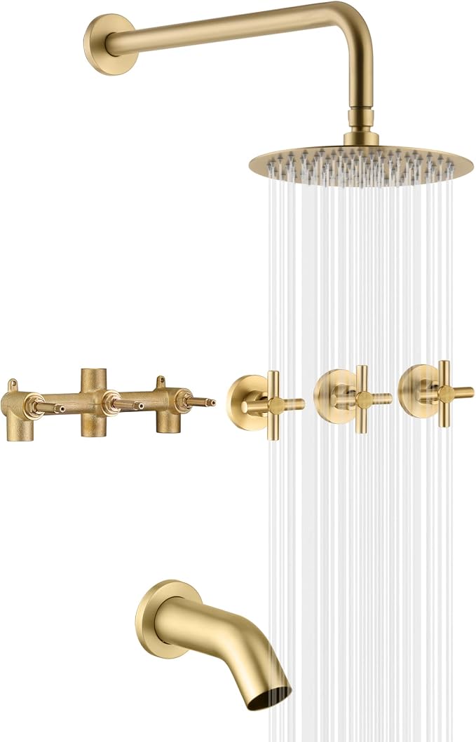 SUMERAIN 3 Handle Tub Shower Faucet Set with Waterfall Tub Spout and 3-Cross Handles, Wall Mounted Rainfall Bathtub Shower Faucet Brushed Gold by SUMERAINFAUCETS