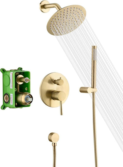 sumerain Brushed Gold Shower Faucet System with high pressure 8 Inches rain shower head and brass hand shower, Rough-In Valve Body and Trim Included by SUMERAINFAUCETS