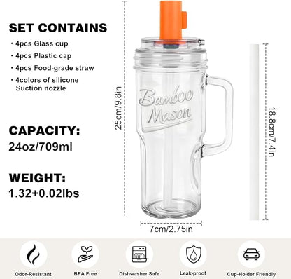 Anotion Mason Jar Cups with Lids and Straw, Leakproof 24oz Glass Tumbler with Handle, Leak-Proof Dustproof Cap, Self-Assembly Silicone Straw, Reusable Iced Coffee Matcha Cup Coffee Gifts for Women 4pc - Image 8