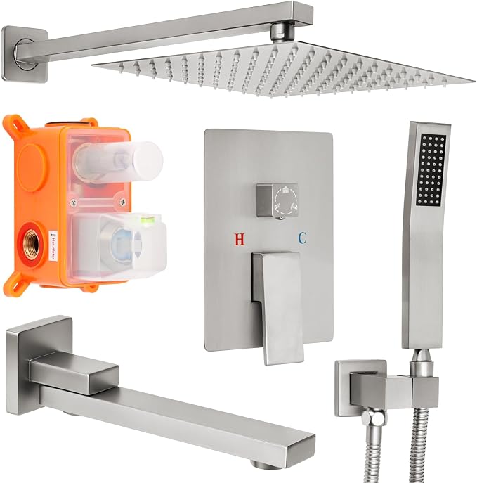 12 inch Square Shower Head and Handheld Set, Gasecoet Shower System with Tub Spout Wall Mounted Shower Faucet for Bathroom - Brushed Nickel (With Shower Valve) by Gasecoet