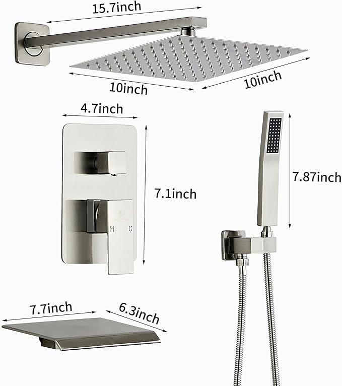 Brushed Nickel Rainfall Shower Faucet Set with Tub Spout 10 Inch, Shower Head and Handle with 2 Hooks, Rain Shower and Handheld Shower System Square Wall Mount for Bathroom - Image 2