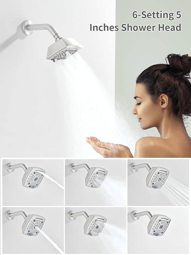 Brushed Nickel Shower Head and Handle Set 5 Inch Bathtub Faucet Shower Faucet with 6-Spray Shower Head Shower Valve Kit Modern Shower Set High-Pressure Shower Trim Kit - Image 3
