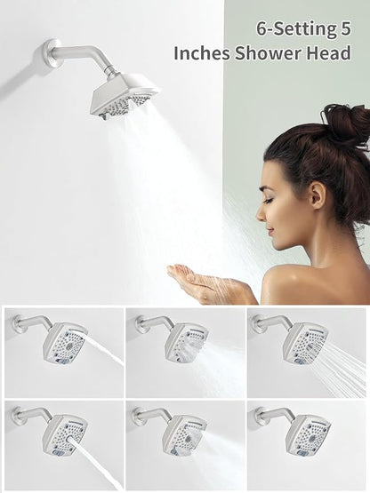 Brushed Nickel Shower Head and Handle Set 5 Inch Bathtub Faucet Shower Faucet with 6-Spray Shower Head Shower Valve Kit Modern Shower Set High-Pressure Shower Trim Kit - Image 3