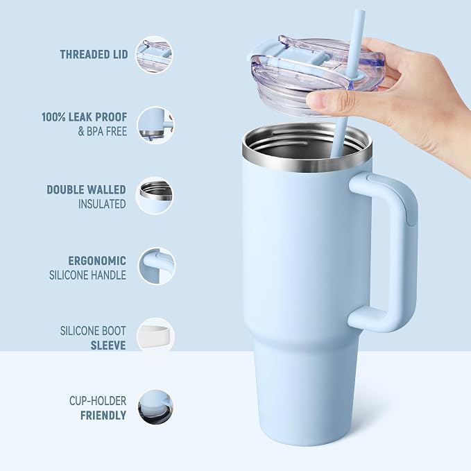 COKTIK 40 oz Tumbler With Handle and Straw, Insulated Tumbler With Leakproof Lids, Stainless Steel|BPA-Free, Cold for 24 H (Silent Sky) - Image 2