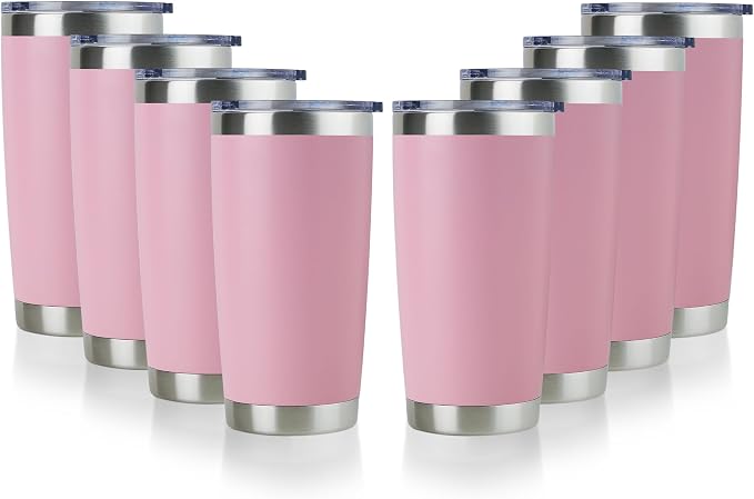 DOMICARE 20oz Stainless Steel Tumbler Bulk with Lid, Double Wall Vacuum Insulated Travel Mug, Powder Coated Coffee Cup, Pink, 8 Pack by VisittheDOMICARE