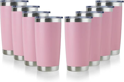 DOMICARE 20oz Stainless Steel Tumbler Bulk with Lid, Double Wall Vacuum Insulated Travel Mug, Powder Coated Coffee Cup, Pink, 8 Pack by VisittheDOMICARE