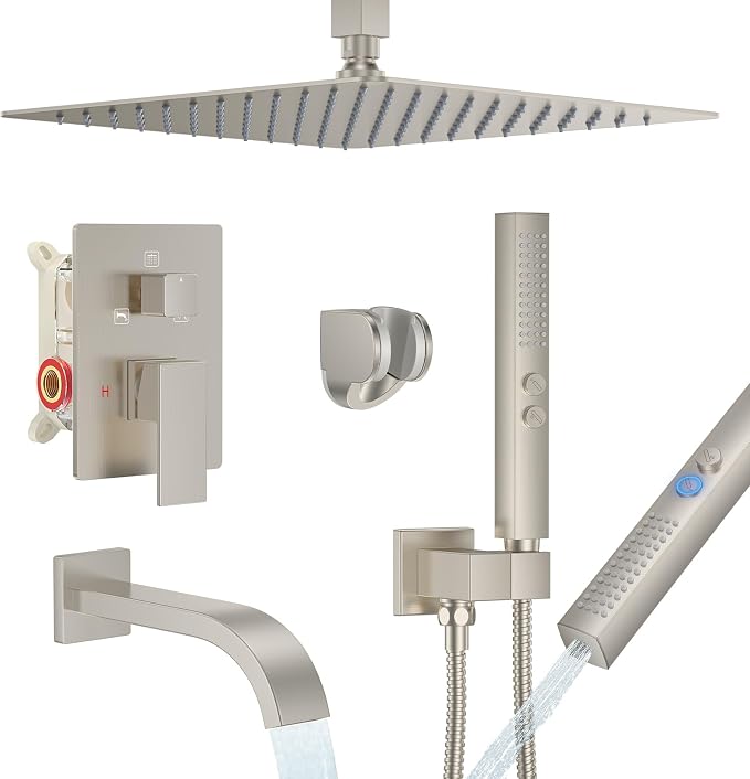 Brushed Nickel Shower System with Tub Spout, Ceiling Mounted Bathtub Shower Faucet Set, 12" Rainfall Shower Head and Handheld Shower Combo, High Pressure Shower Fixtures Set with Rough-in Valve by FAROLAN
