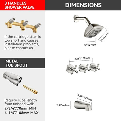 3 Handle Shower Faucet Set with Tub Spout 6-Spray Shower Head and Handle Set Shower Trim Kit with Rough-in Valve Bathroom Shower Faucet Valve Trim Kit Shower System Brushed Nickel - Image 3