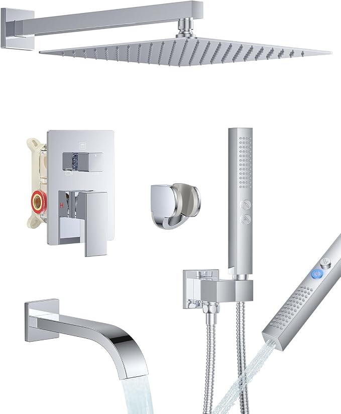 Chrome Shower System with Tub Spout, Wall Mounted Bathtub Shower Faucet Set, 12" Rainfall Shower Head and Handheld Shower Combo, High Pressure Shower Fixtures Set with Rough-in Valve by FAROLAN