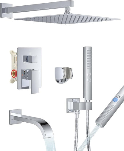Chrome Shower System with Tub Spout, Wall Mounted Bathtub Shower Faucet Set, 12" Rainfall Shower Head and Handheld Shower Combo, High Pressure Shower Fixtures Set with Rough-in Valve by FAROLAN