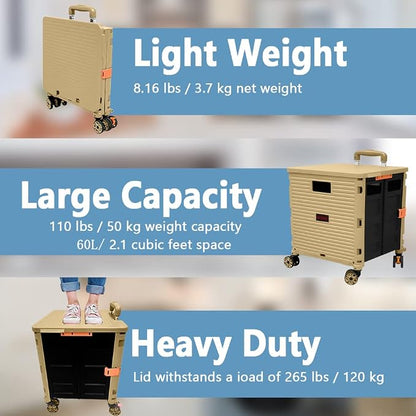FELICON SELORSS Foldable Utility Cart Folding Portable Rolling Crate-Khaki | - Image 3