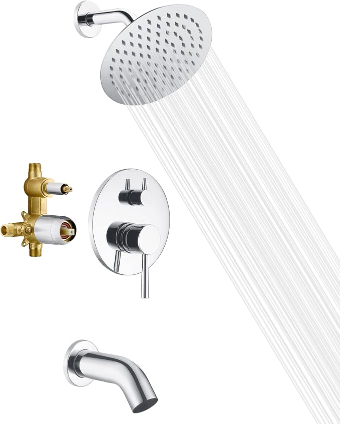 sumerain Tub and Shower Faucet with Valve, Shower Tub Kit with Pressure Balance Valve, 8 Inch Rain Shower Head and Waterfall Spout Chrome Finish by SUMERAINFAUCETS