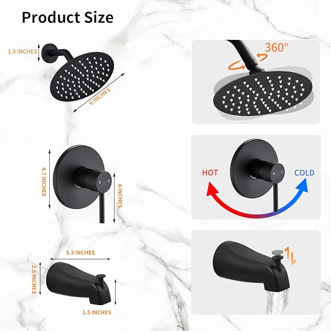 Black Tub Shower Faucet Set Complete with 6-Inch Rainfall Shower Head and Tub Spout Included Shower Valve Tub Shower Trim Kit Round Matte Black - Image 2