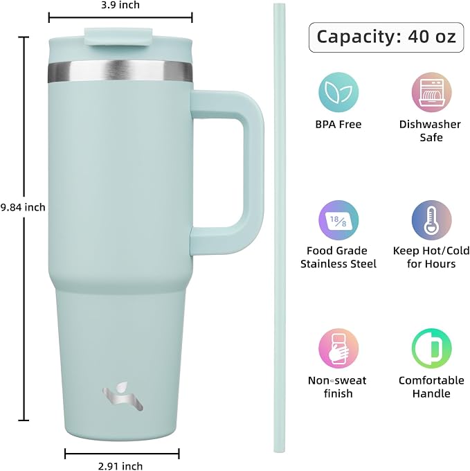 40 oz Tumbler with Handle and 2 Straws,2 in 1 Lid Insulated Water Bottle Stainless Steel Travel Coffee Mug,Blue Haze - Image 4