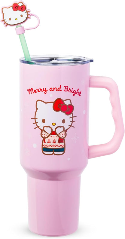 Silver Buffalo Sanrio Hello Kitty Christmas Holiday Sweater Merry and Bright Double Walled Stainless Steel Tumbler with Handle, Straw, and Straw Cap, Fits in Standard Cup Holder, 40 Ounces by SilverBuffalo