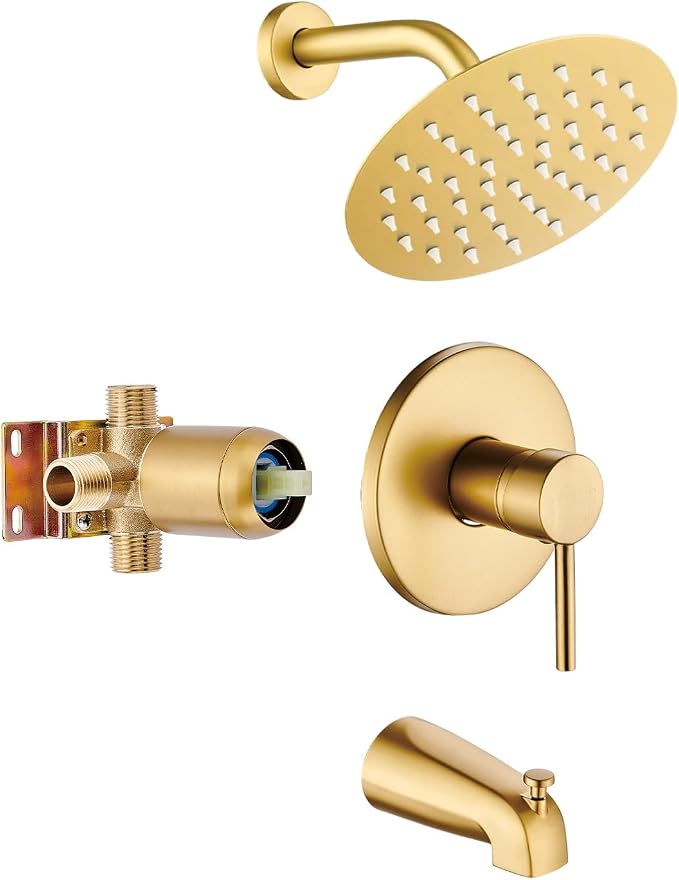 Brushed Gold Tub Shower Faucet Set Complete with 6-Inch Rainfall Shower Head and Tub Spout Included Shower Valve Tub Shower Trim Kit Round by GOXIUHAN