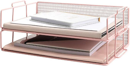 BLU MONACO | Paper Tray Stackable Pink Mesh Set of 2 | Stackable File Trays by Blu_Monaco