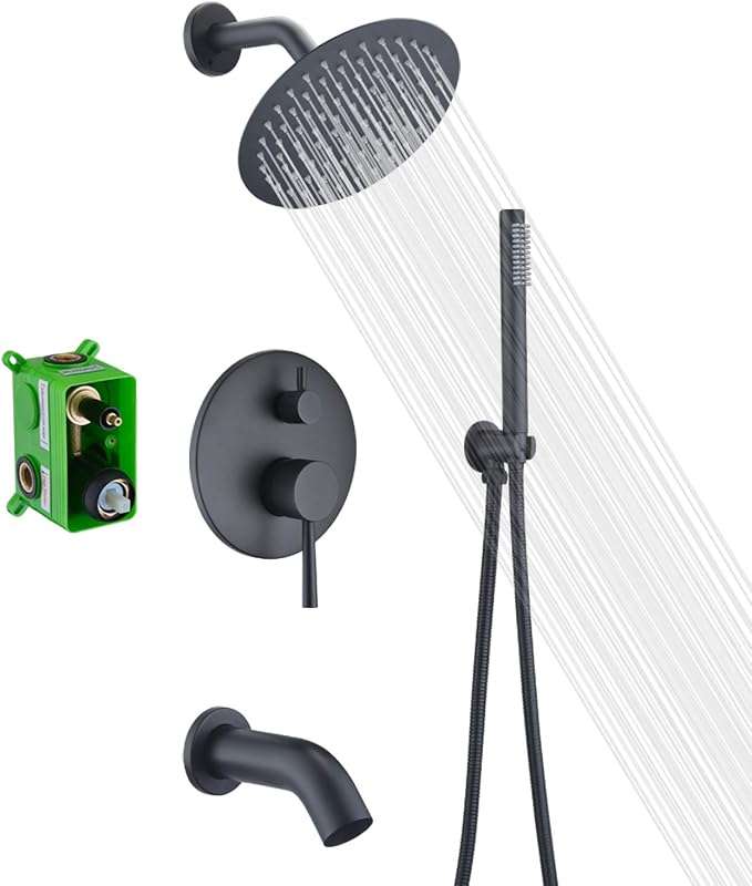 Matte Black Rain Shower Systems with Waterfall Tub Spout, Shower Faucets Sets Complete with 8 Inches Rain Shower Head and Handheld by SUMERAINFAUCETS