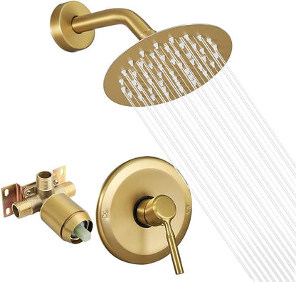 Brushed Gold Shower Head And Faucet Set Complete With Valve Shower Fixtures With 6 Inch High Pressure Rain Shower Head Trim kit Rough Include Regaderas Para bBaño Modernas by APROMOOM