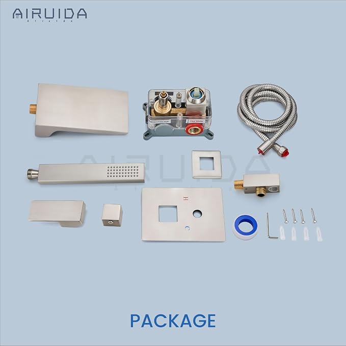 Airuida Wall Mount Tub Faucet with Waterfall Tub Spout Wall Mounted Bathtub Faucet with Handheld Shower Single Handle Tub Filler Shower Faucet Set with Rough-in valve Straight Spout Brushed Nickel - Image 9
