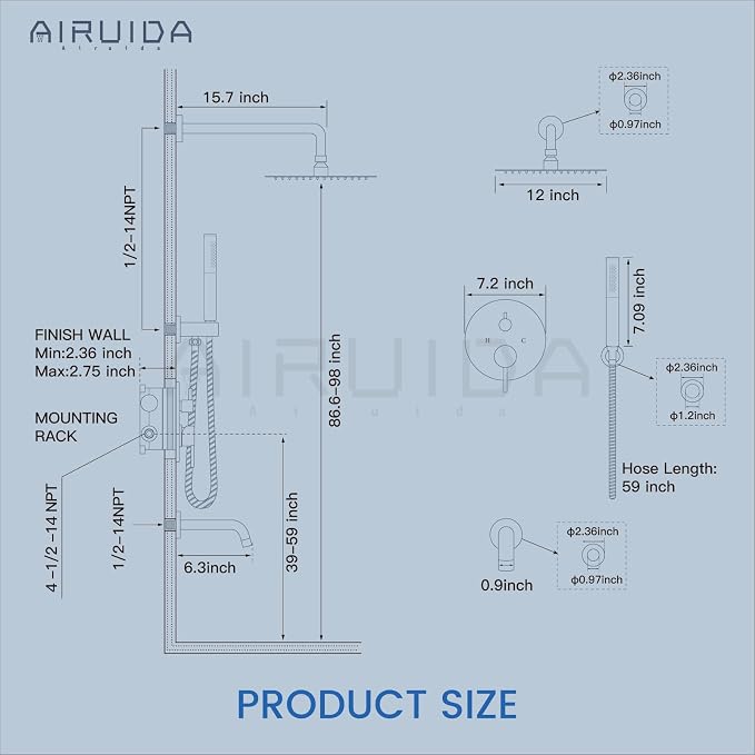 Airuida 3-Function Rain Shower System Set – Wall Mount Tub Shower Combo with Handheld Shower and Tub Spout,12 Inch Shower Head,Brushed Nickel - Image 6
