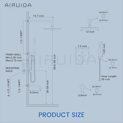 Airuida 3-Function Rain Shower System Set – Wall Mount Tub Shower Combo with Handheld Shower and Tub Spout,12 Inch Shower Head,Brushed Nickel - Image 6
