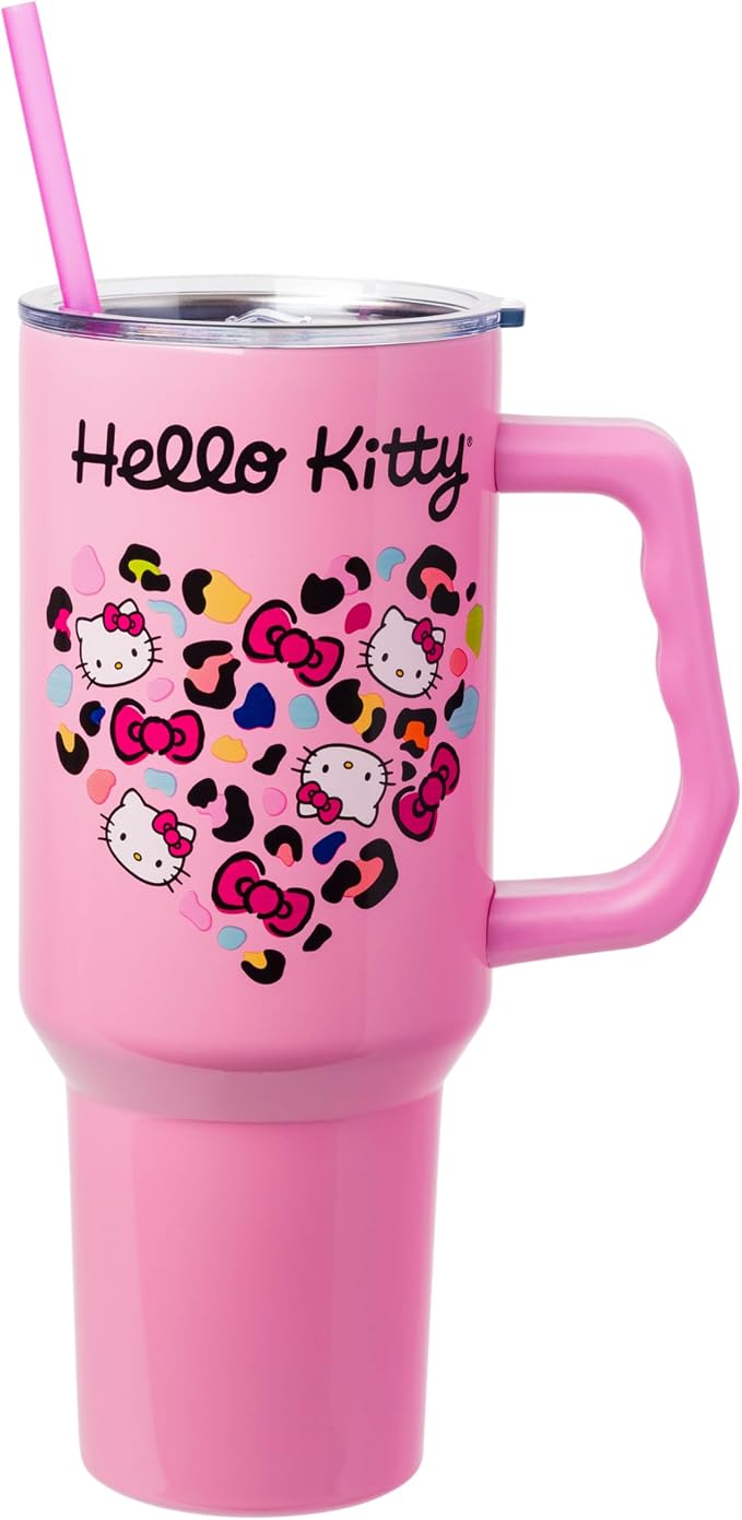 Silver Buffalo Sanrio Hello Kitty Leopard Jungle Cat Print and Bows Heart Double Walled Stainless Steel Tumbler with Handle and Straw, Fits in Standard Cup Holder, 40 Ounces by SilverBuffalo