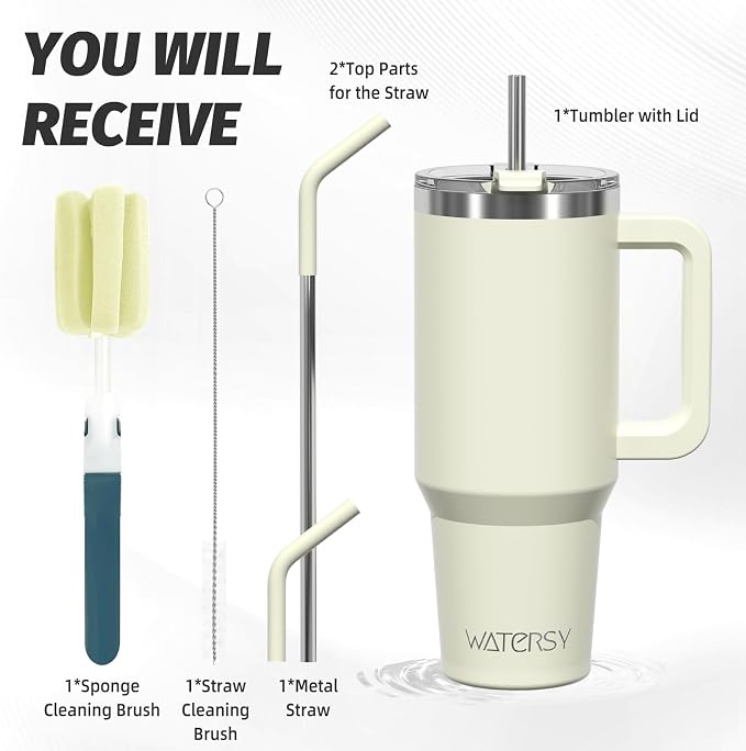 40 oz Tumbler with Handle,Tumbler with Lid and Straw,Double Wall Insulated Cup Stainless Steel Travel Mug(Cold for 34 Hours),Water Bottle for Iced Tea,Coffee,Cold Beverages(Cream White) - Image 3