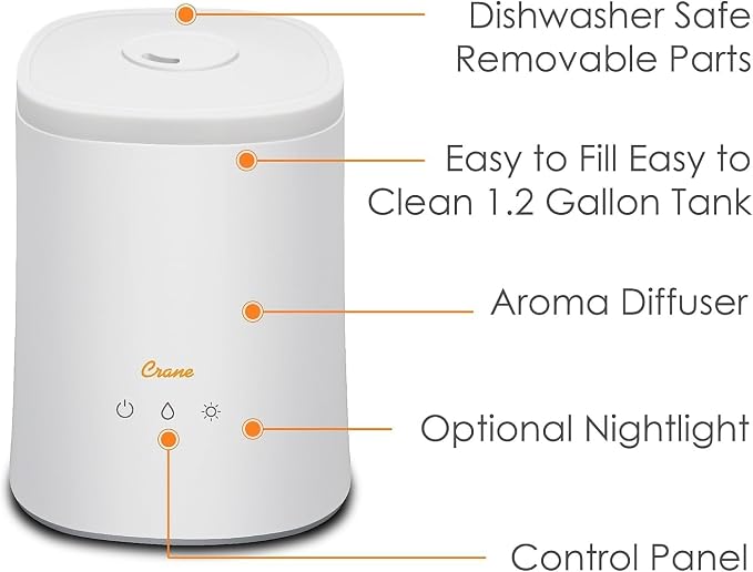 Crane Top Fill Ultrasonic Cool Mist Humidifier for Bedroom and Large Rooms, 1.2 Gallon Essential Oil Diffuser with Nightlight and Auto Shut-Off - Image 2