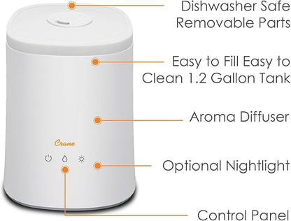 Crane Top Fill Ultrasonic Cool Mist Humidifier for Bedroom and Large Rooms, 1.2 Gallon Essential Oil Diffuser with Nightlight and Auto Shut-Off - Image 2