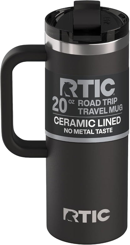 RTIC 20oz Road Trip Travel Mug with Lid and Handle, Ceramic Lined, Insulated, Stainless Steel, Metal, Double Wall Vacuum-Insulation, Portable Coffee, Tea Cup for Hot and Cold Drink, Black by RTIC