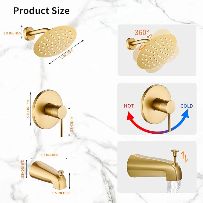 Brushed Gold Tub Shower Faucet Set Complete with 6-Inch Rainfall Shower Head and Tub Spout Included Shower Valve Tub Shower Trim Kit Round - Image 2